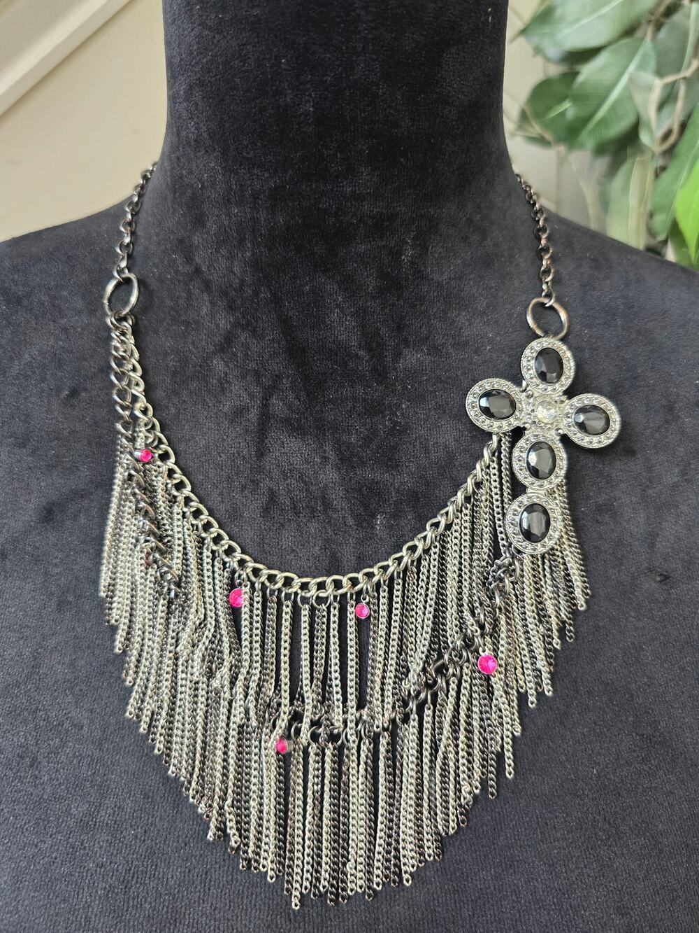 Antique Silver Chain Fringe Statement Necklace